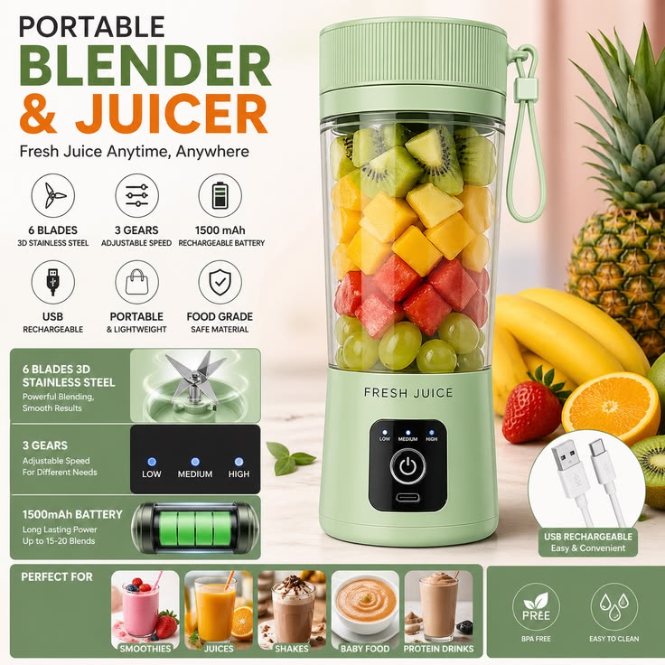 Portable 6-Blade USB Rechargeable Juicer Blender